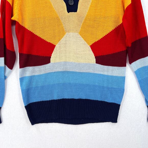 VINTAGE 70s Rainbow Sweater Mens Long Sleeve Polo California Dreamin COLLEGE MAN - Picture 6 of 16